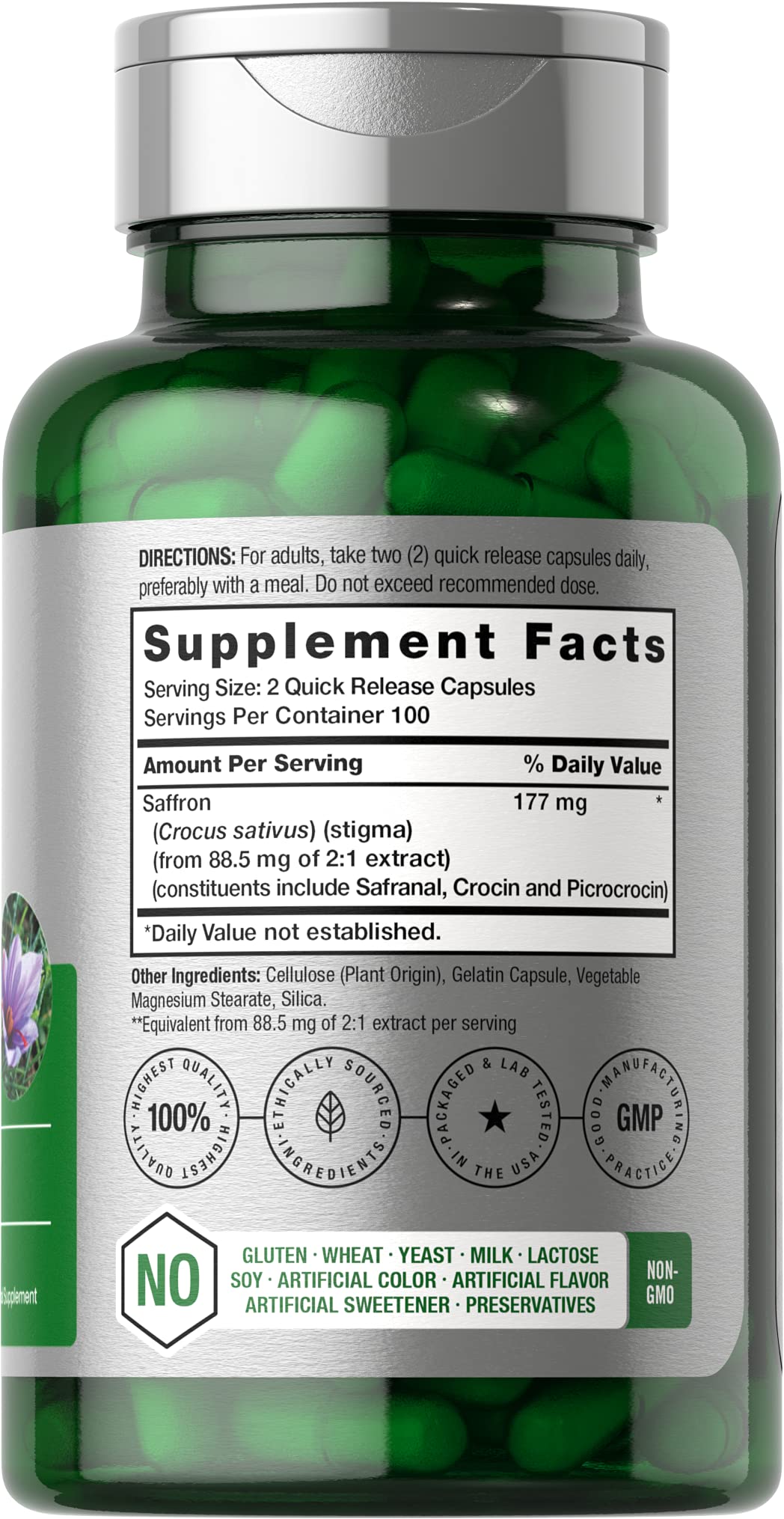 Close-up of Horbaach saffron extract capsules highlighting ease of daily supplementation.