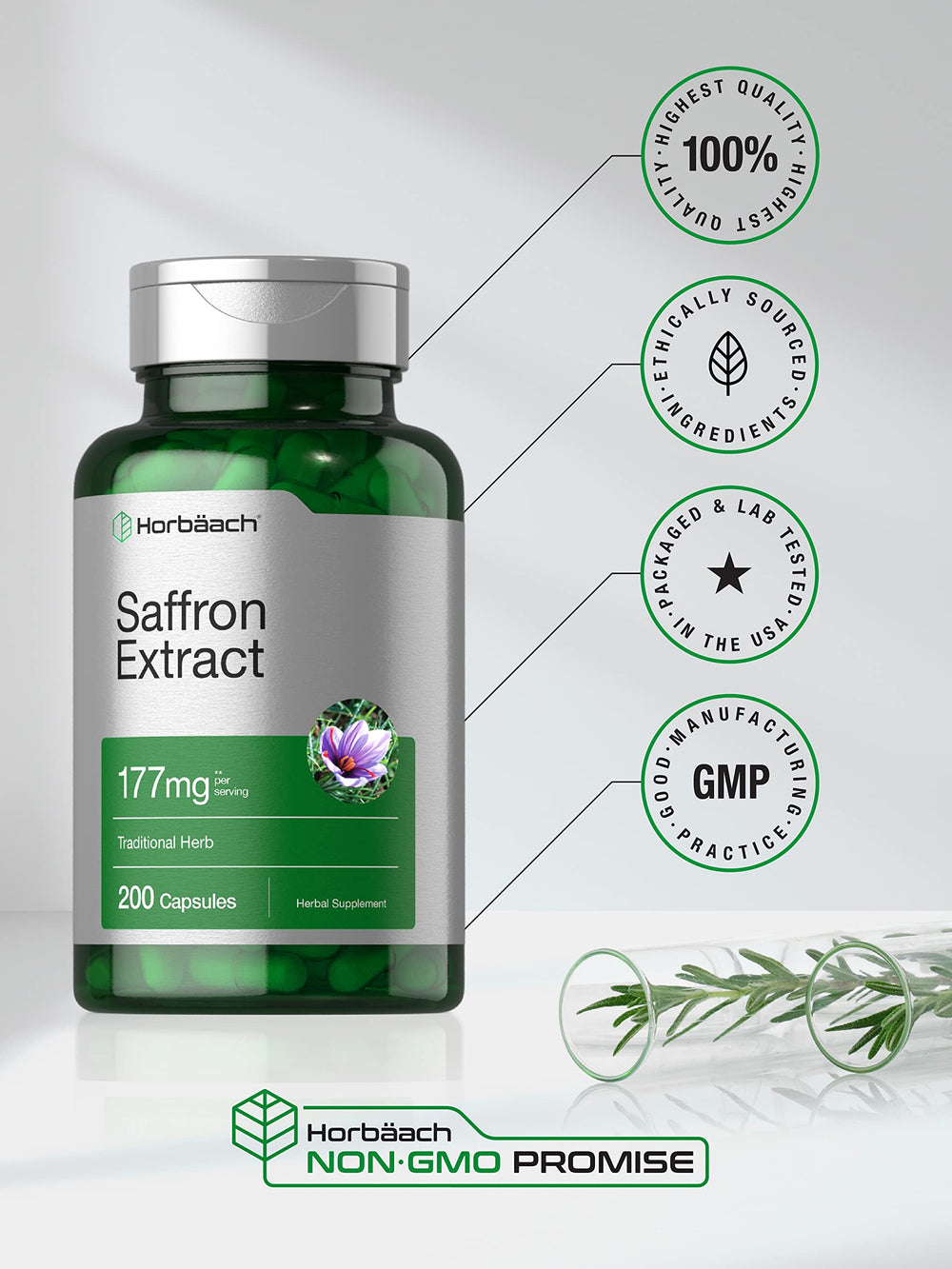 Lab-tested Horbaach saffron extract label to reflect trusted ingredients.