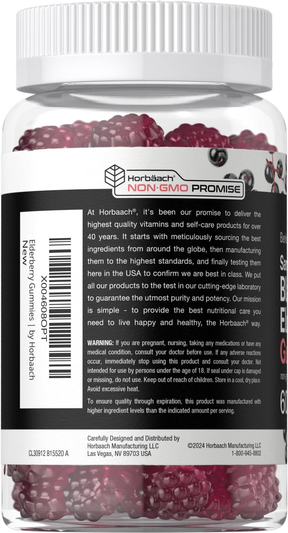Horbaach label highlights vegan, non-GMO, gluten-free features.