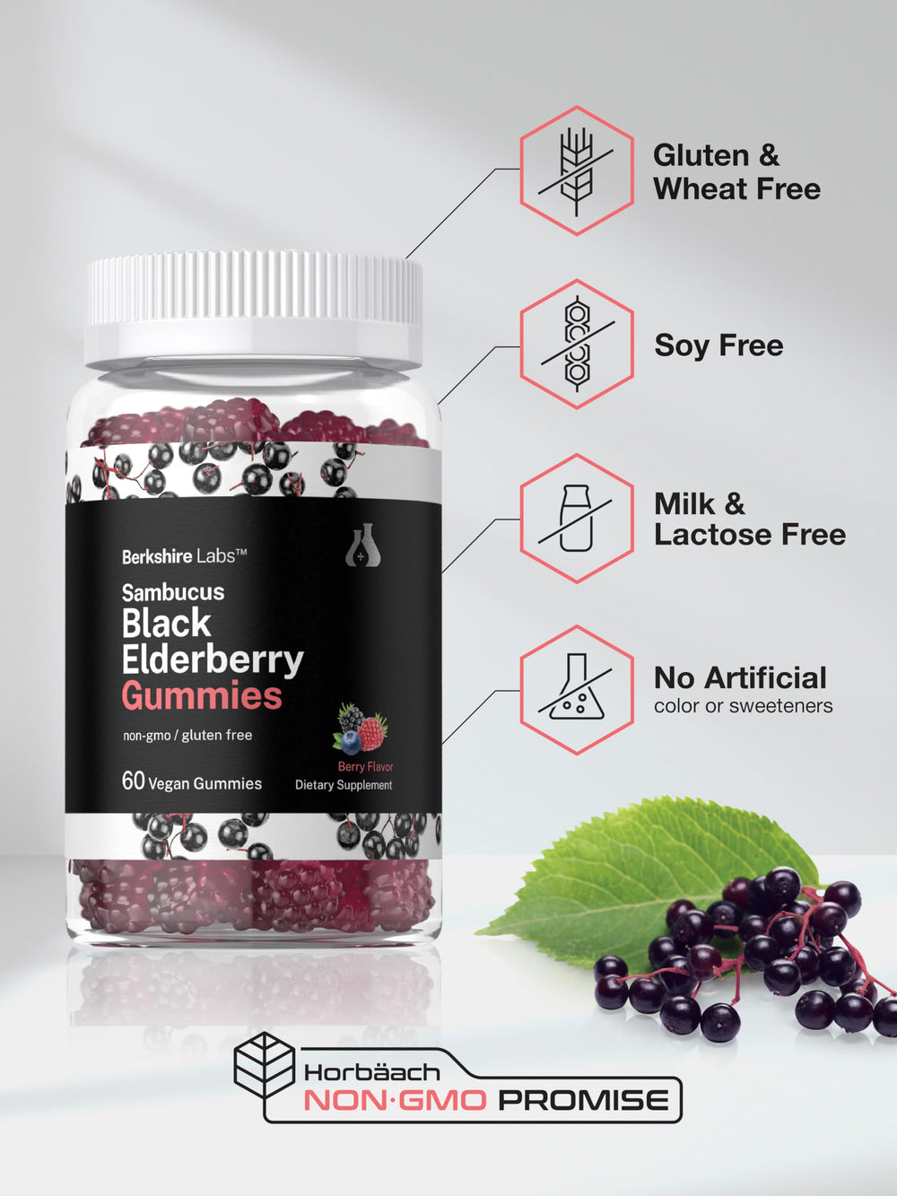 60-count Horbaach elderberry gummies shown for daily use.