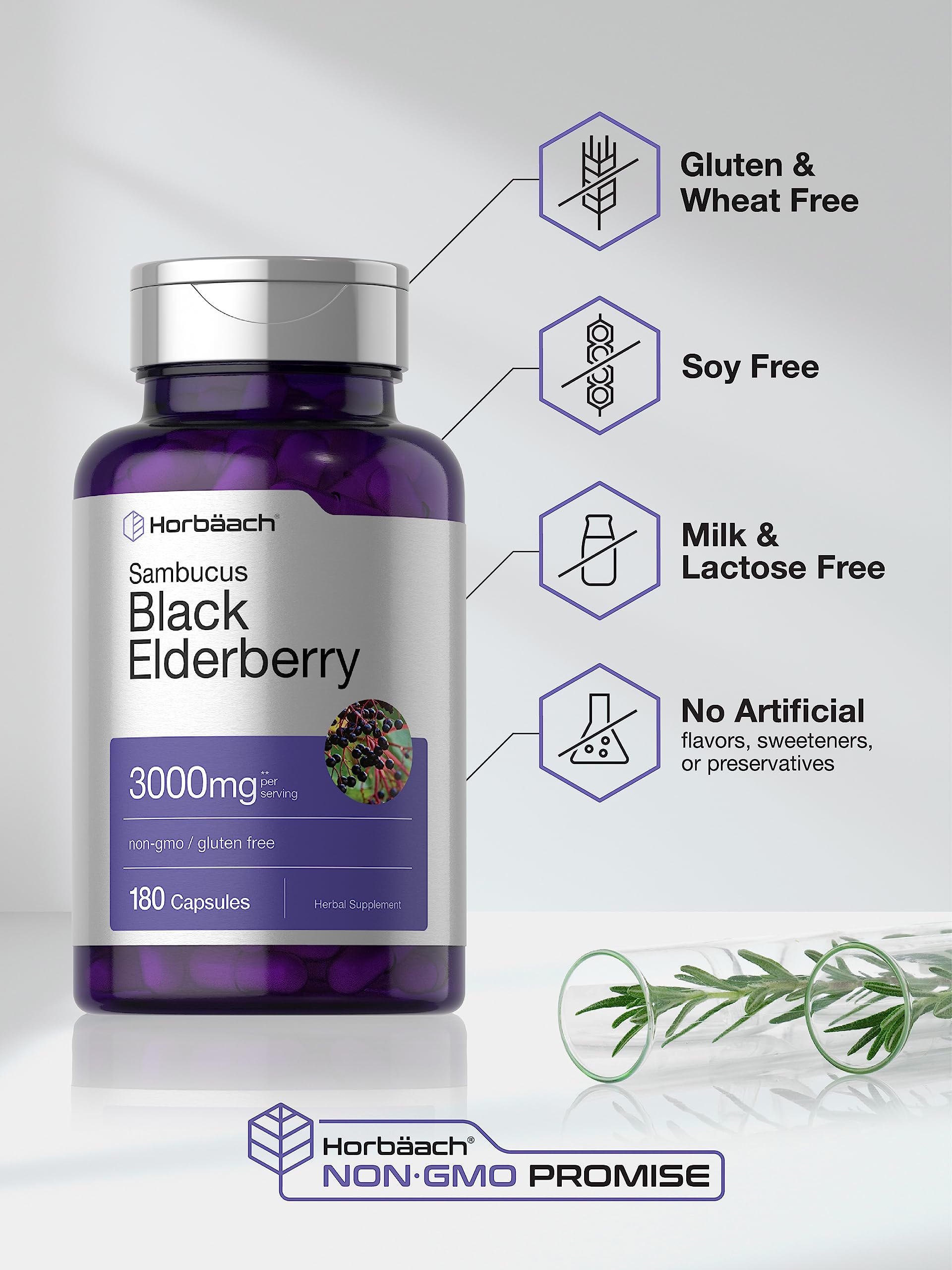 Horbäach Sambucus extract label emphasizes purity and potency.