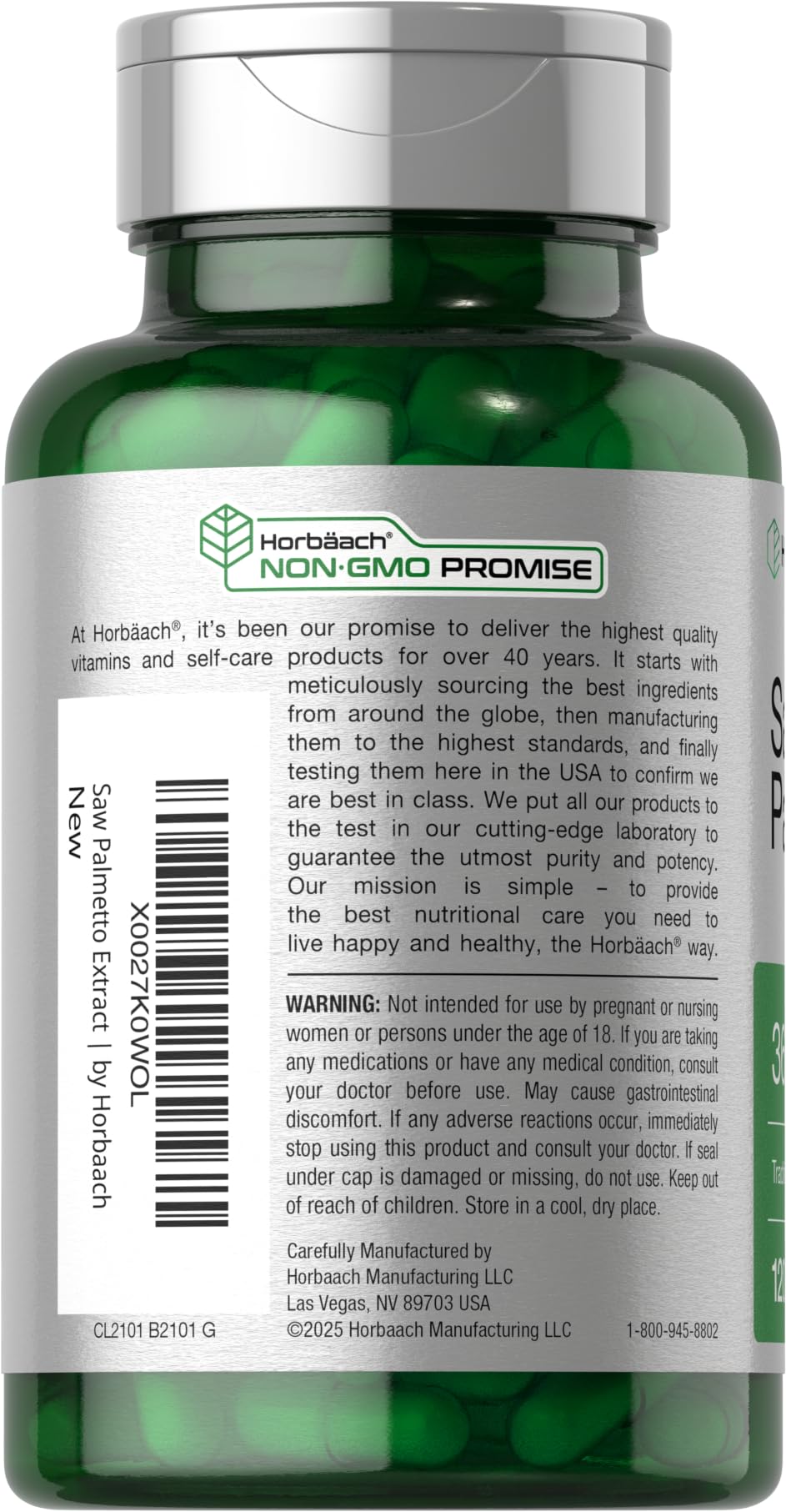 Horbaach Saw Palmetto capsules close-up highlighting capsule form.