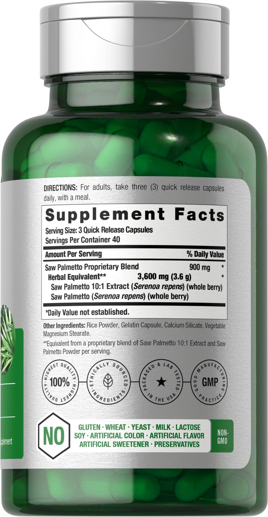 Horbaach Saw Palmetto bottle back shows dosage and gluten-free claim.