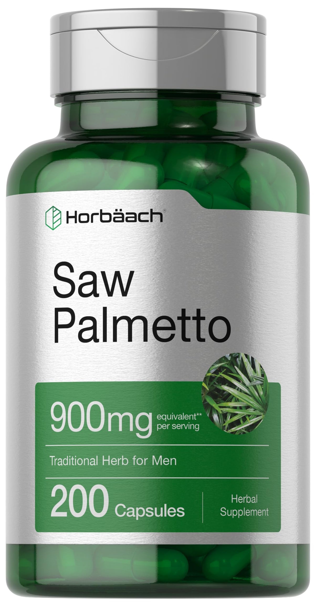 Horbaach saw palmetto extract bottle shows full spectrum formula for daily wellness.