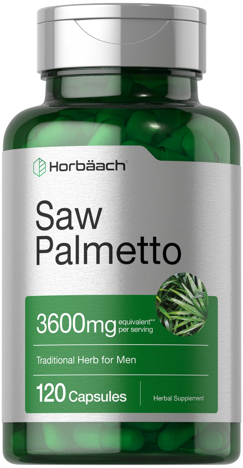 Horbaach Saw Palmetto extract capsules on bottle front for daily wellness.