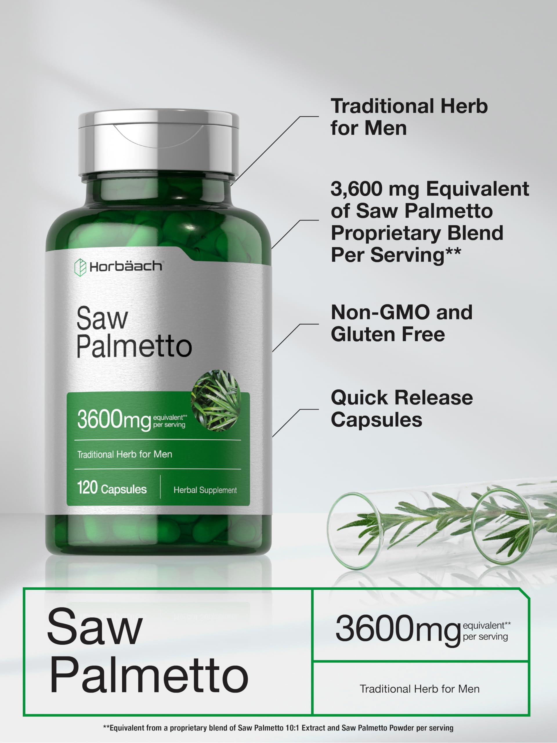Horbaach Saw Palmetto extract label emphasizes gluten-free and non-GMO.