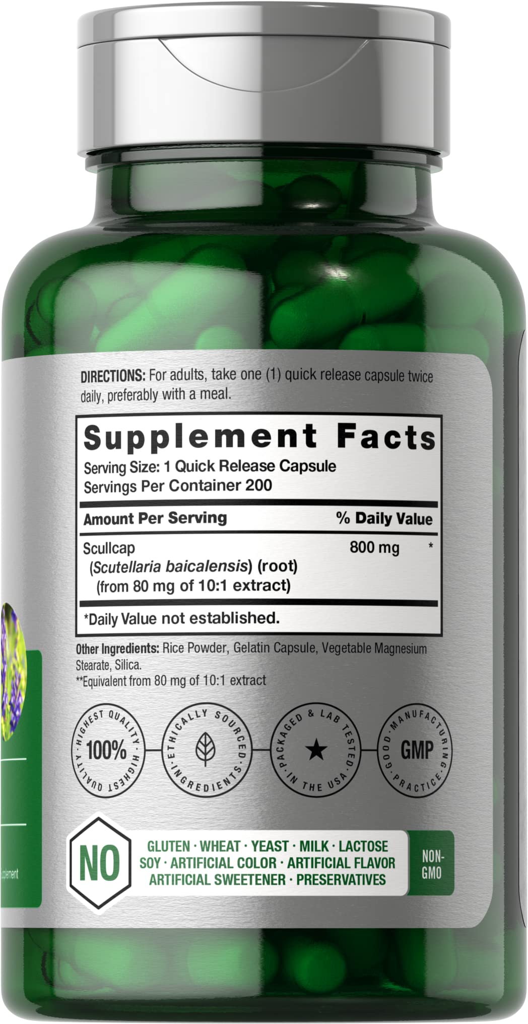 Horbäach Scullcap capsules bottle top shows convenient quick-release capsules