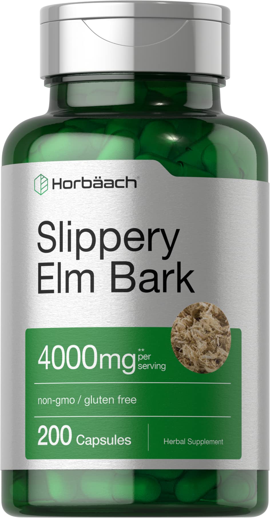 Horbaach Slippery Elm Bark Capsules bottle front for gluten-free daily use