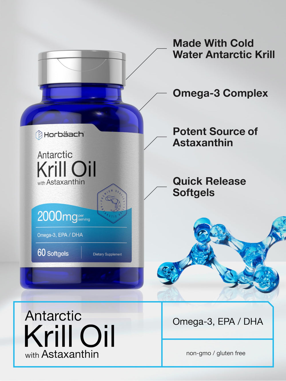Horbaach krill oil softgels spilling from cap on clean surface