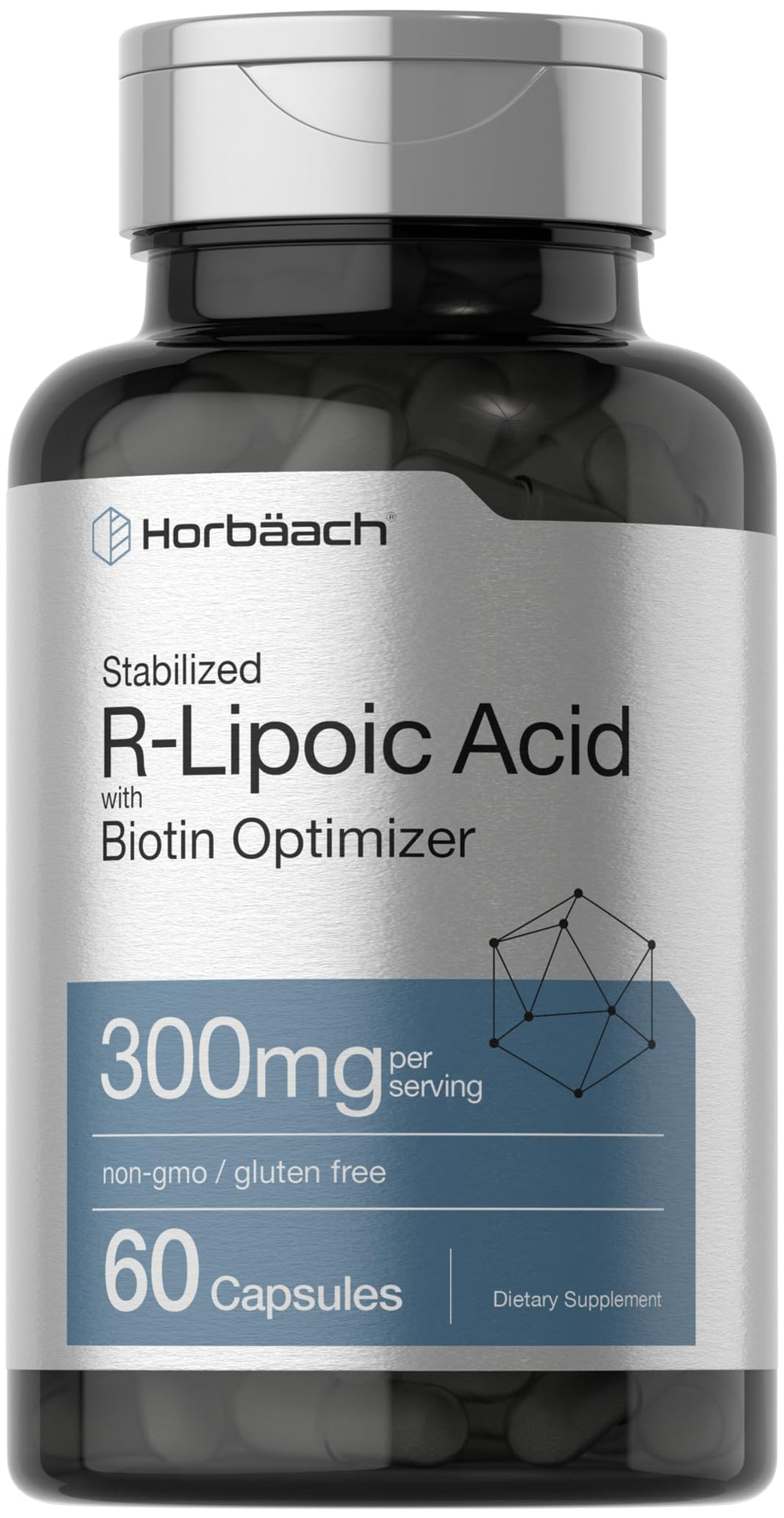 Horbäach Stabilized R-Lipoic Acid 300mg bottle labeling highlights daily antioxidant support.