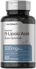 Horbäach Stabilized R-Lipoic Acid 300mg bottle labeling highlights daily antioxidant support.