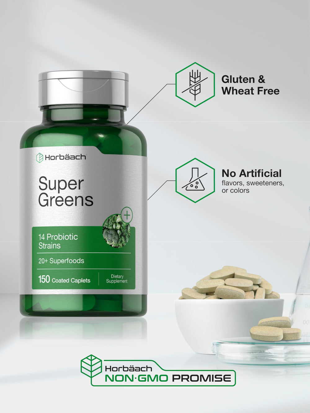 Horbäach Super Greens gluten-free non-GMO formula with clean ingredients.