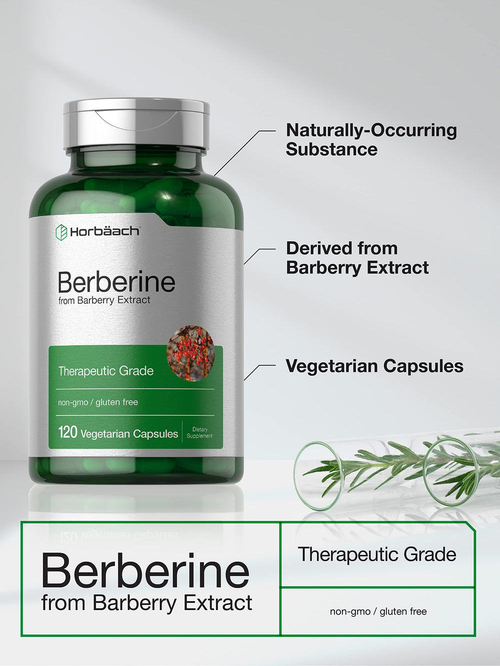 Horbaach therapeutic-grade berberine HCL for convenient quick-release capsules.