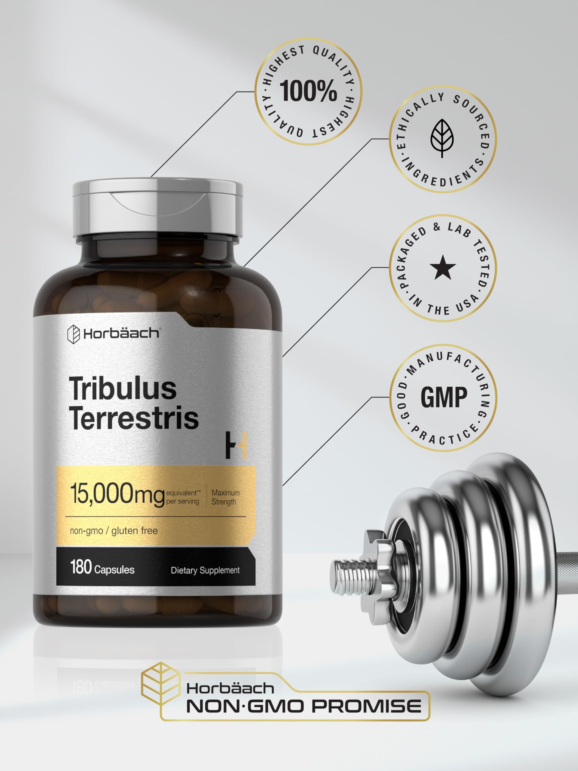 Daily-dose Horbaach Tribulus Terrestris with capsules in bottle.