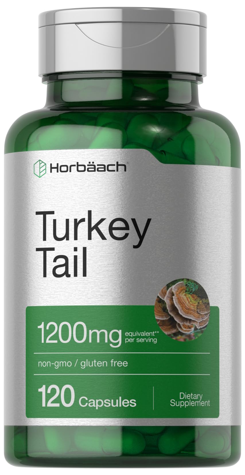 Horbaach Turkey Tail capsules bottle on a clean surface for daily use.