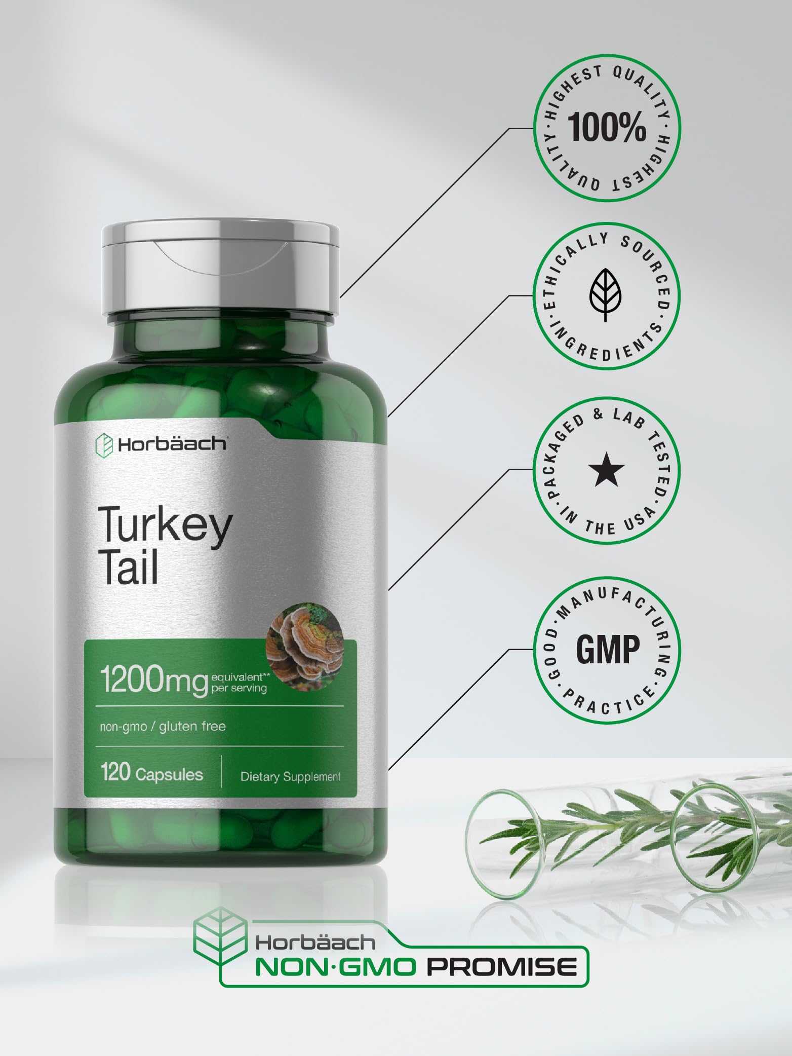 Horbaach Turkey Tail packaging featuring lab-tested quality assurance.