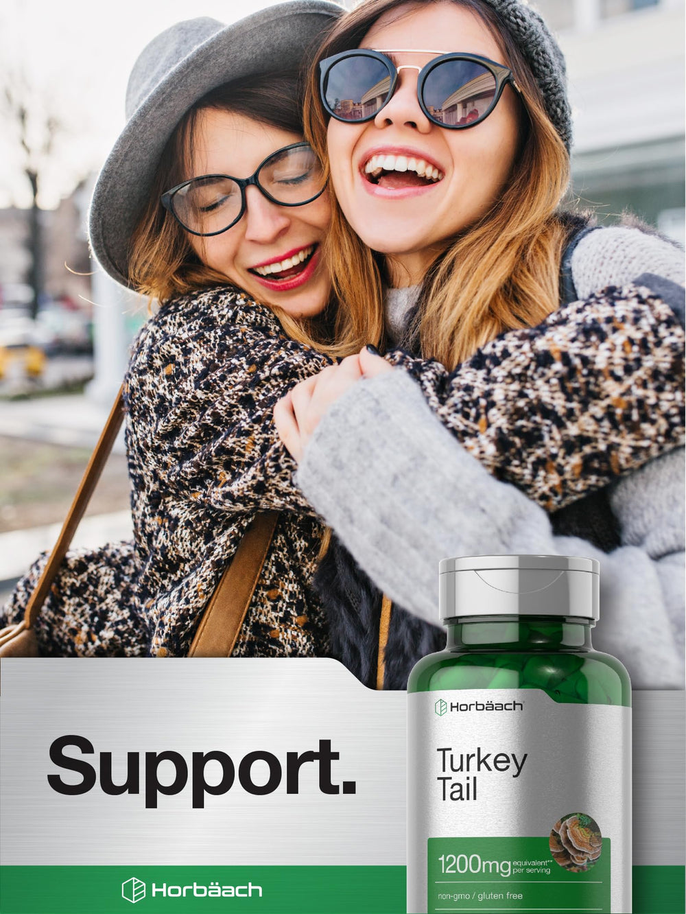 Horbaach Turkey Tail bottle beside a glass of water for daily use.