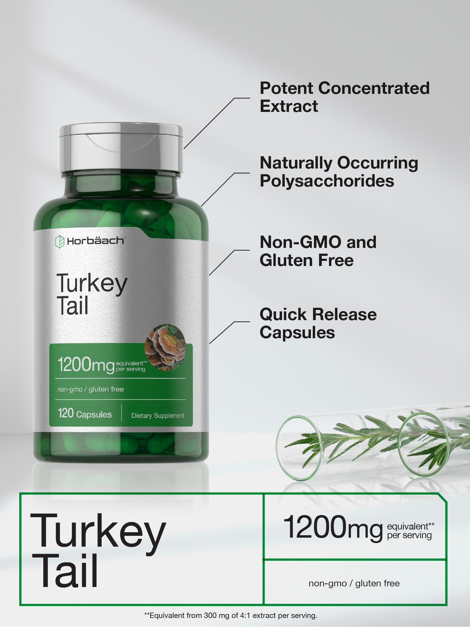 Horbaach Turkey Tail label detail highlighting gluten-free and non-GMO statements.