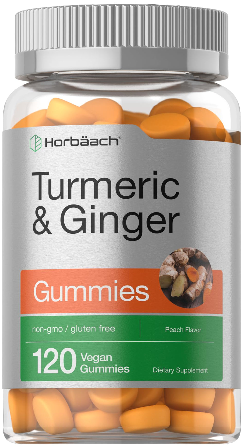 Horbäach Turmeric Ginger Gummies peach bottle shown for everyday wellness.