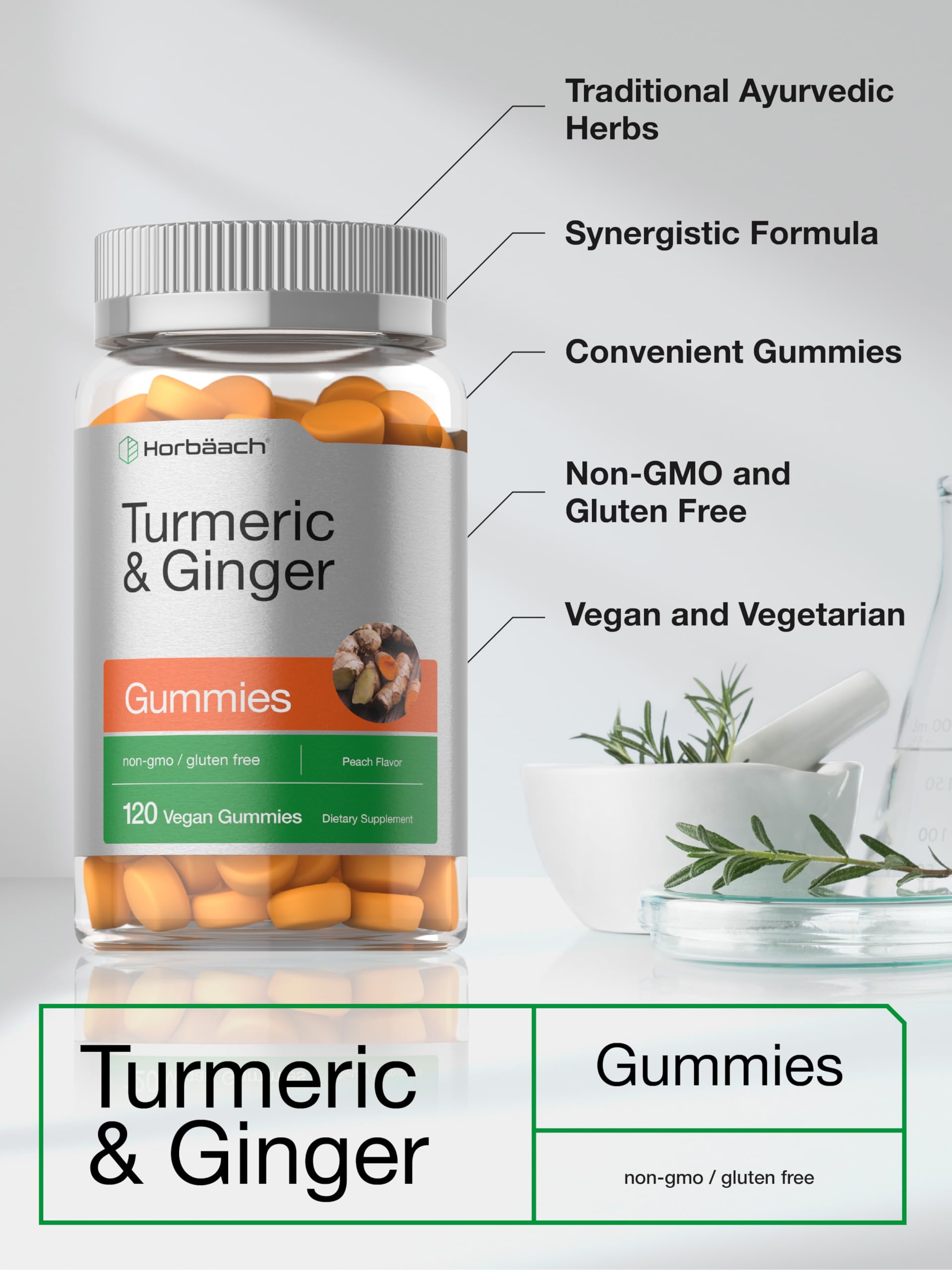 Horbäach turmeric-ginger gummies peach closeup shows soft, easy-to-chew texture.