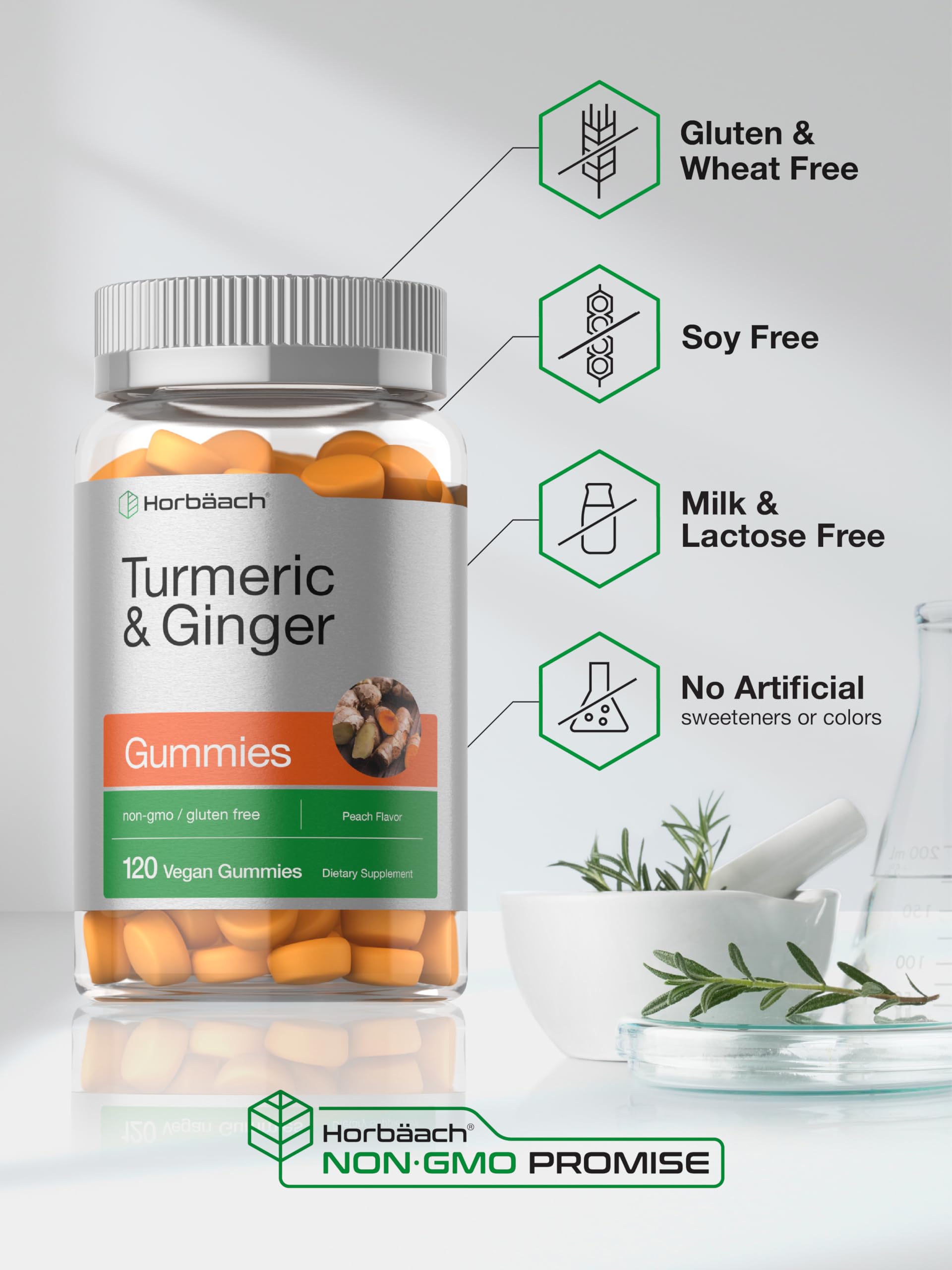 Horbäach turmeric-ginger gummies peach ingredients label highlights natural, allergen-friendly choices.