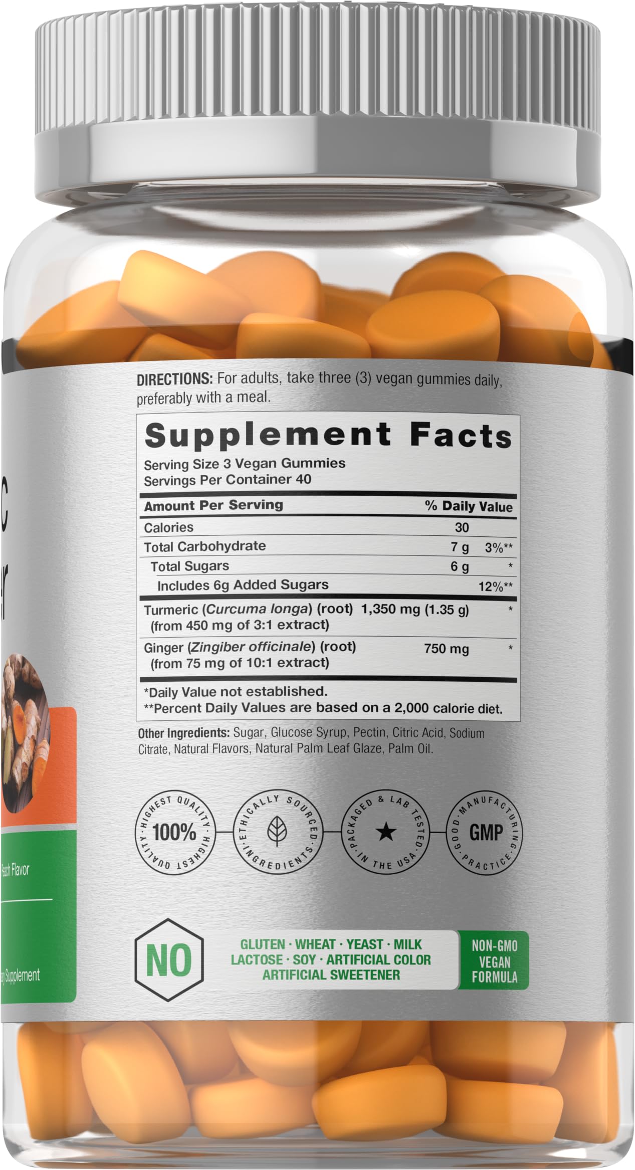Horbäach turmeric-ginger gummies peach jar closeup emphasizes vegan, gluten-free benefits.