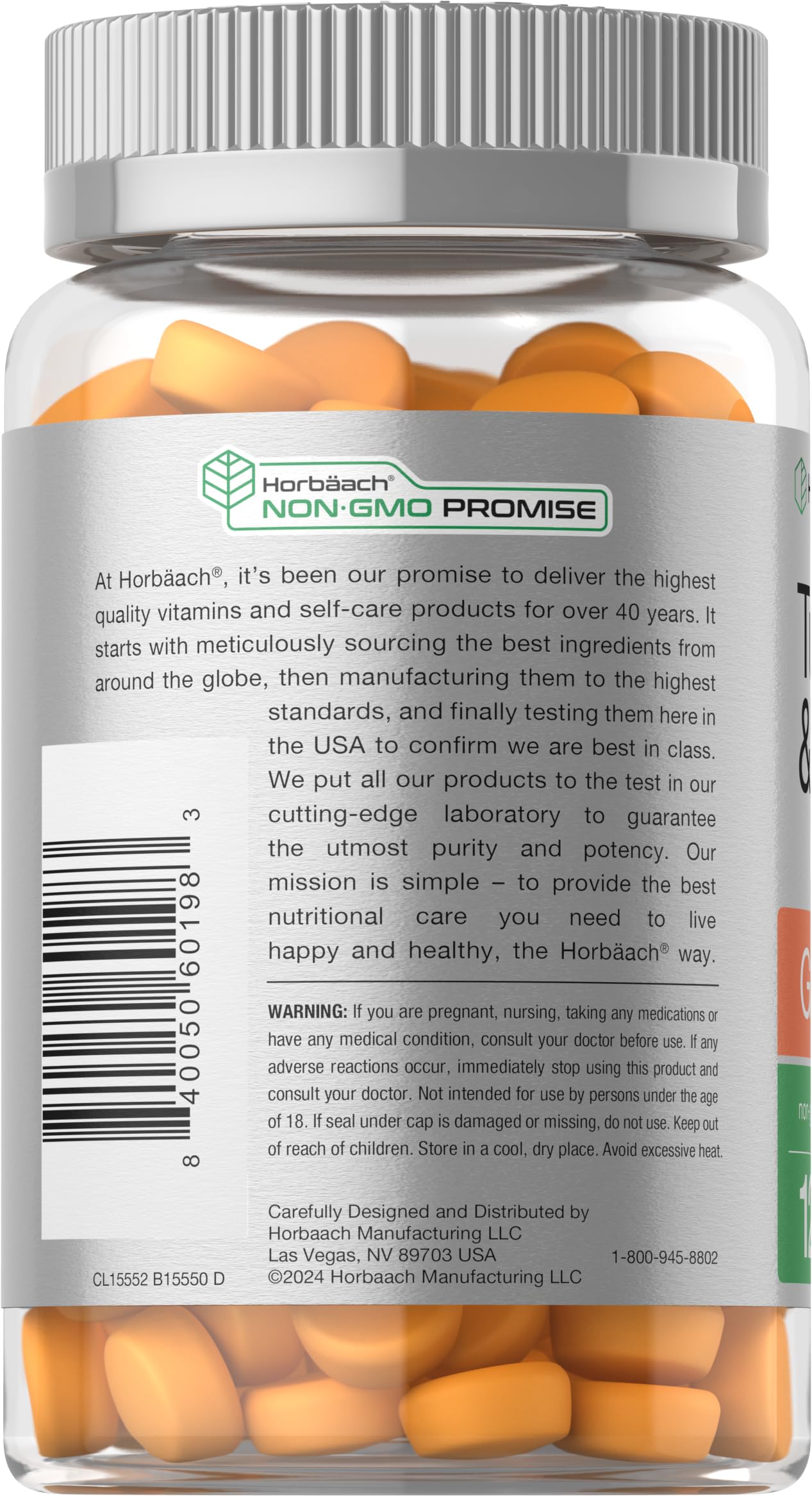 Horbäach turmeric-ginger gummies peach packaging conveys 120-count convenience.