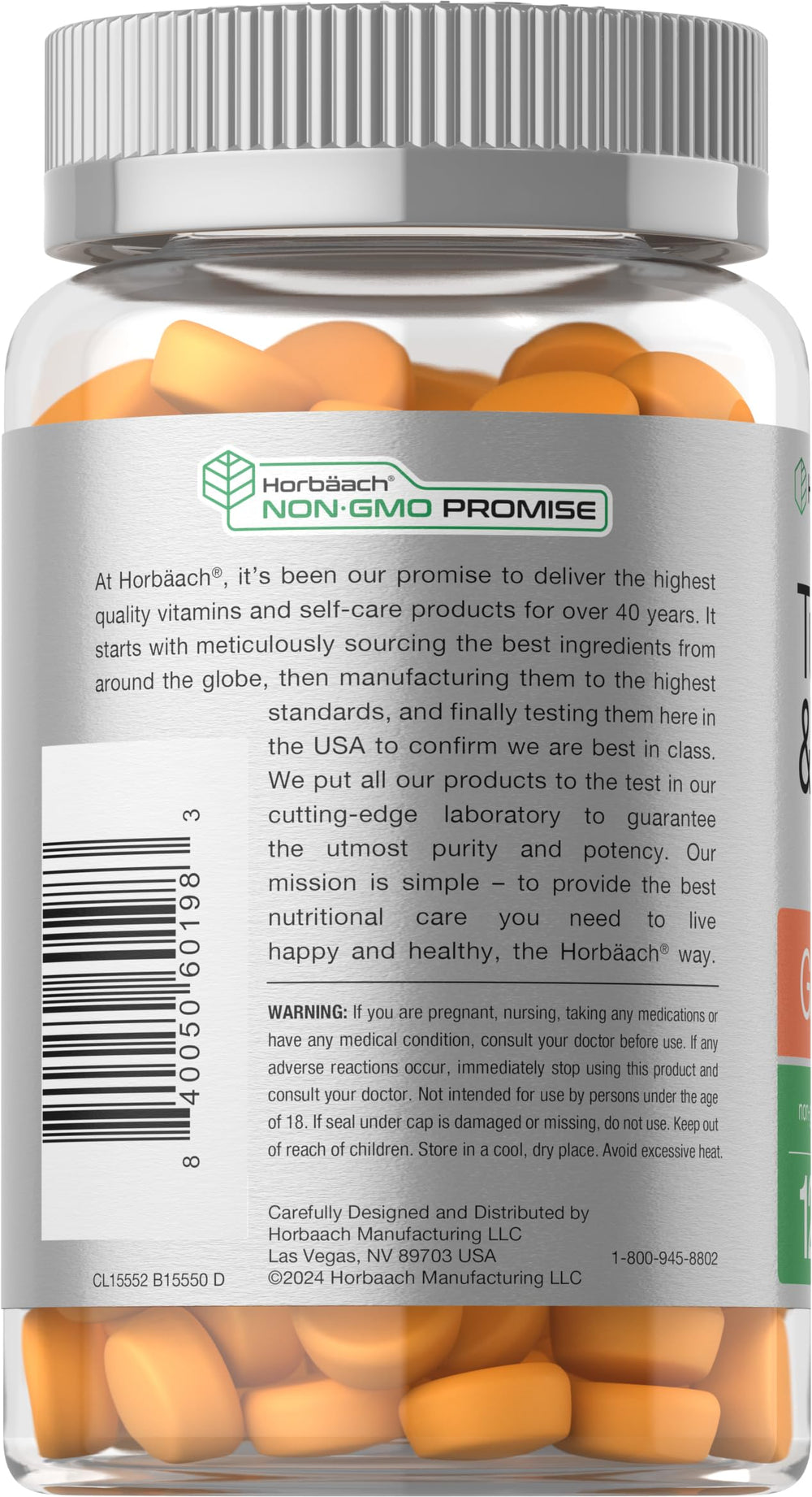 Horbäach turmeric-ginger gummies peach packaging conveys 120-count convenience.