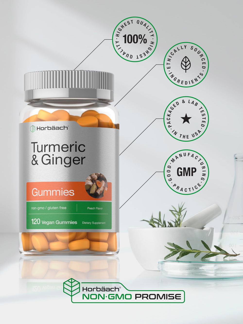 Horbäach turmeric-ginger gummies peach bottle displays per-serving potency for daily use.