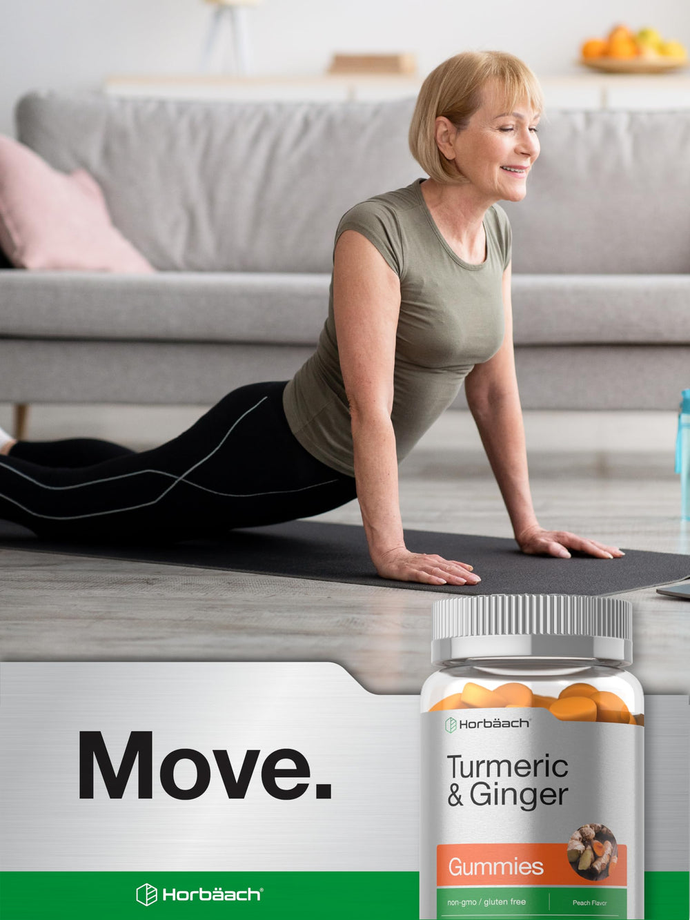 Horbäach turmeric-ginger gummies peach label highlights vegan and non-GMO features.
