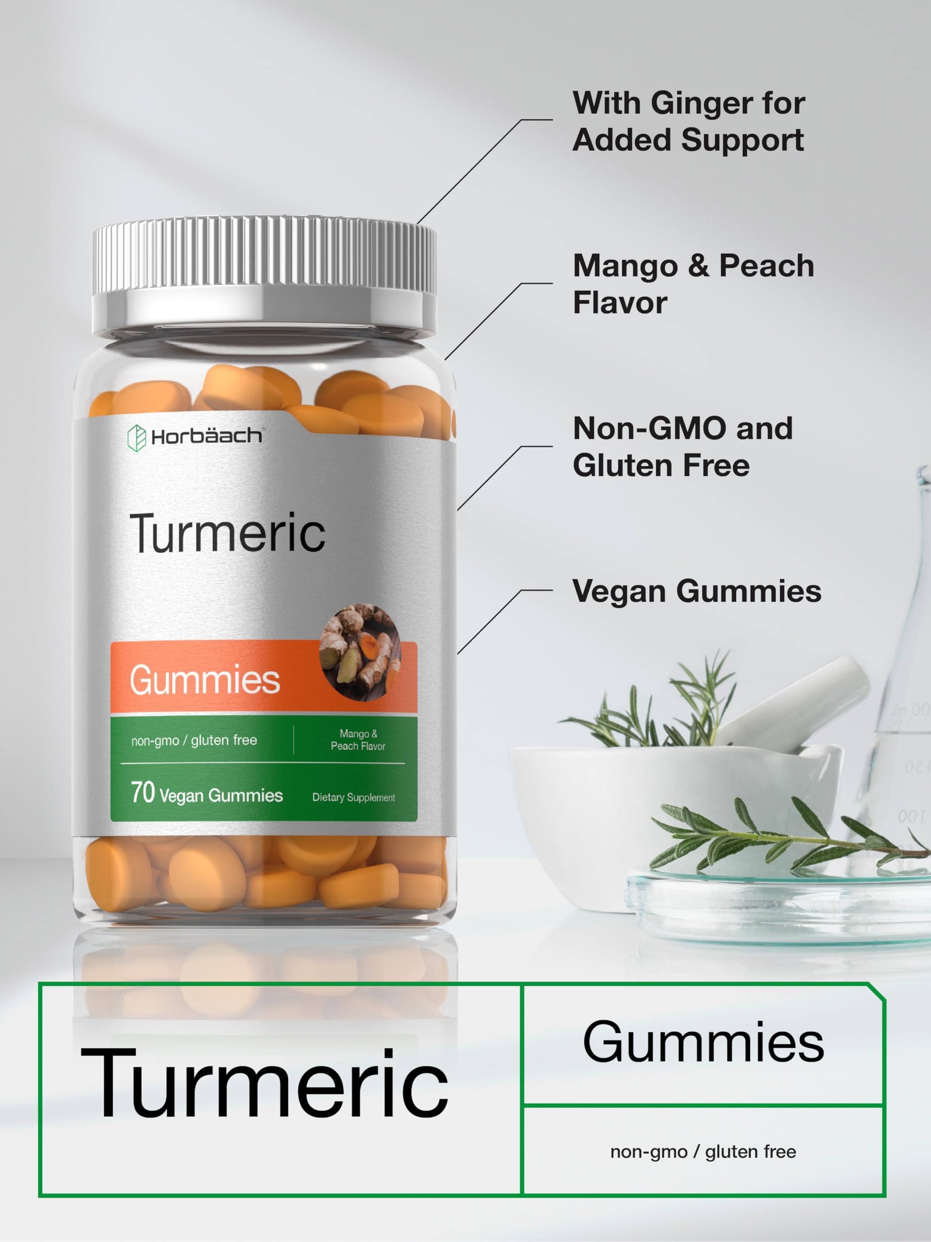 Horbäach turmeric gummies flavor shot with mango and peach aroma.