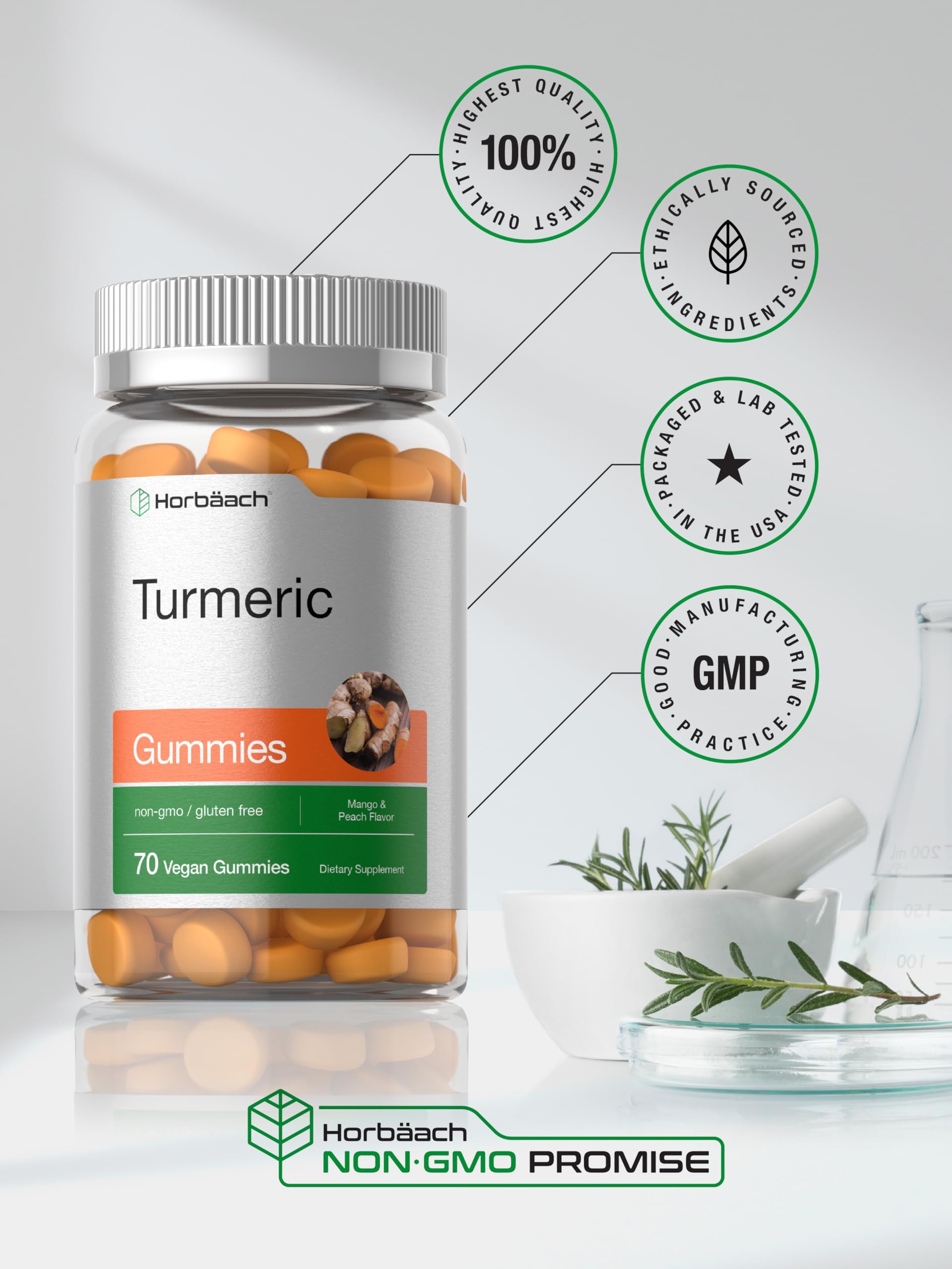 Horbäach turmeric gummies gluten-free and non-GMO packaging claim.