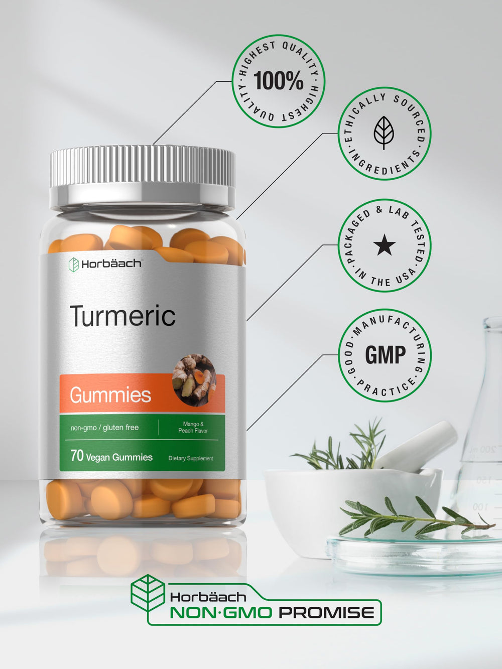 Horbäach turmeric gummies gluten-free and non-GMO packaging claim.
