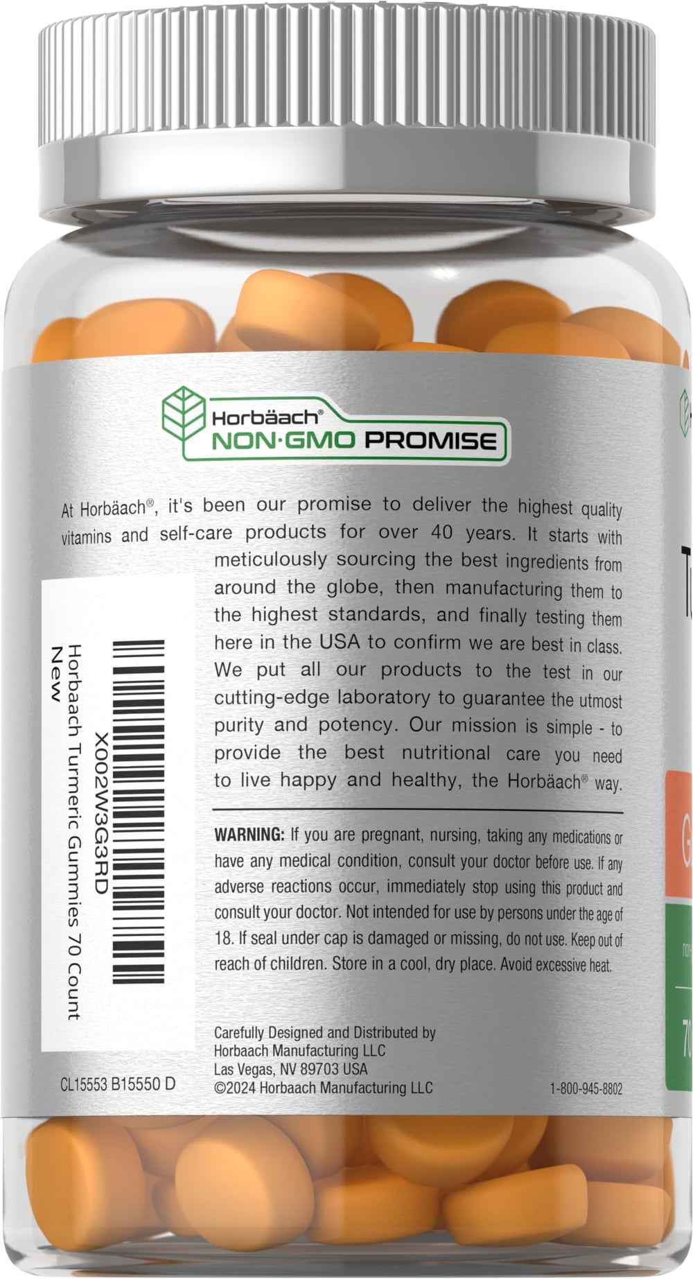 Horbäach turmeric gummies ingredients panel emphasizing vegan pectin base.