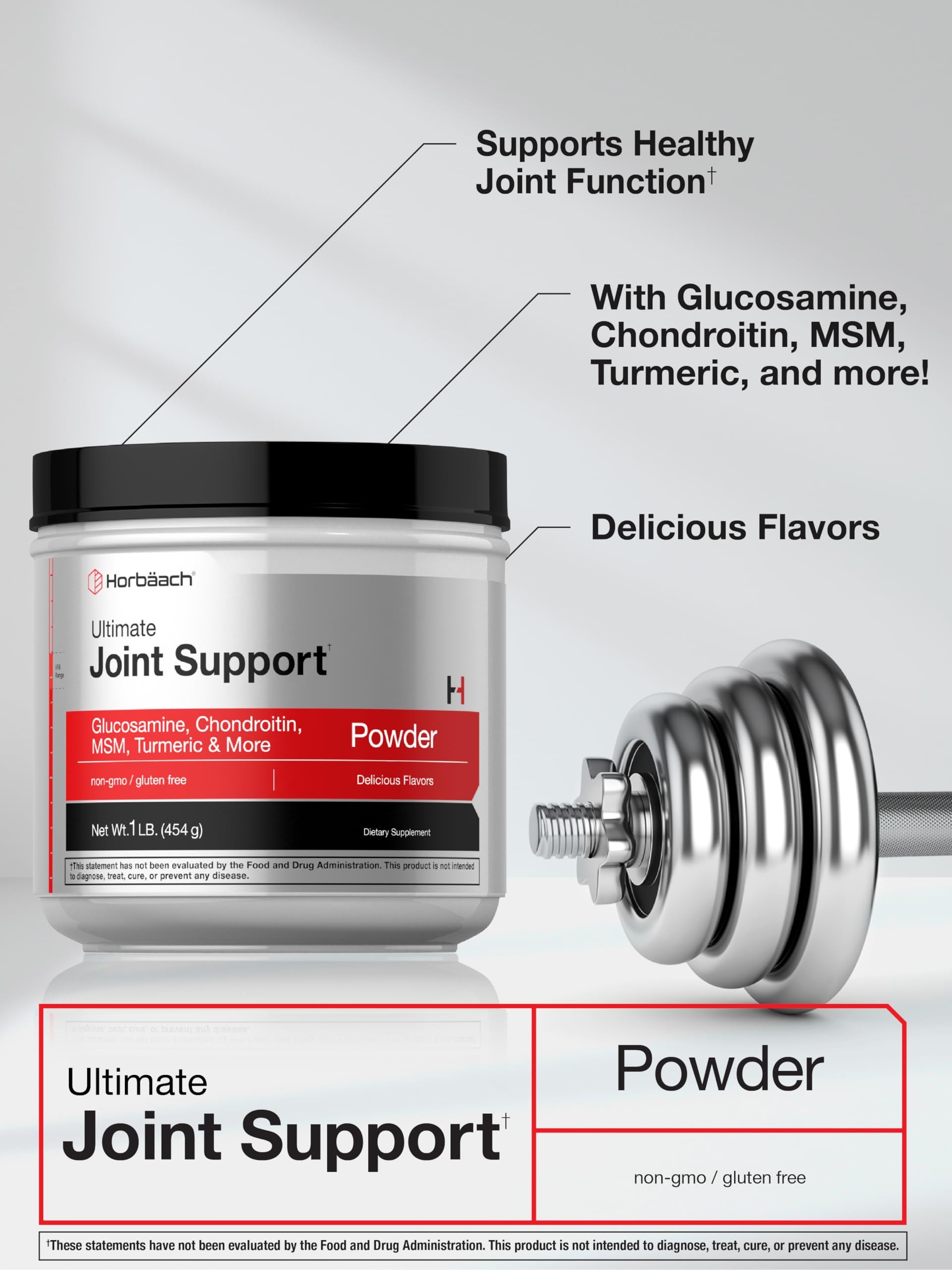 Horbaach label highlights glucosamine and chondroitin on powder jug