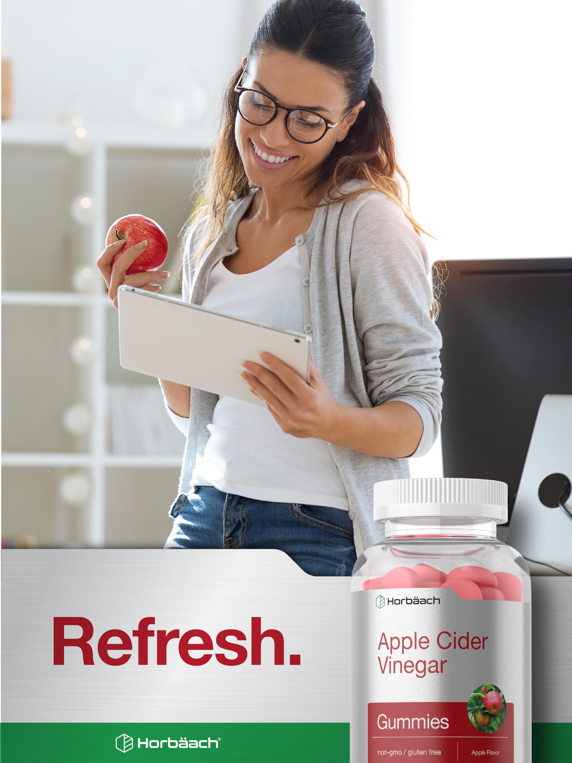 Horbäach Gummies nutrition label emphasizes gluten-free and non-GMO ingredients