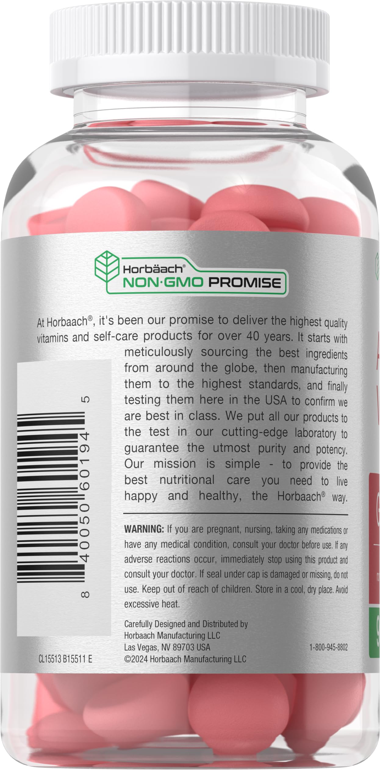 Horbäach Vegan Apple Cider Vinegar Gummies packaging shows gluten-free and non-GMO attributes