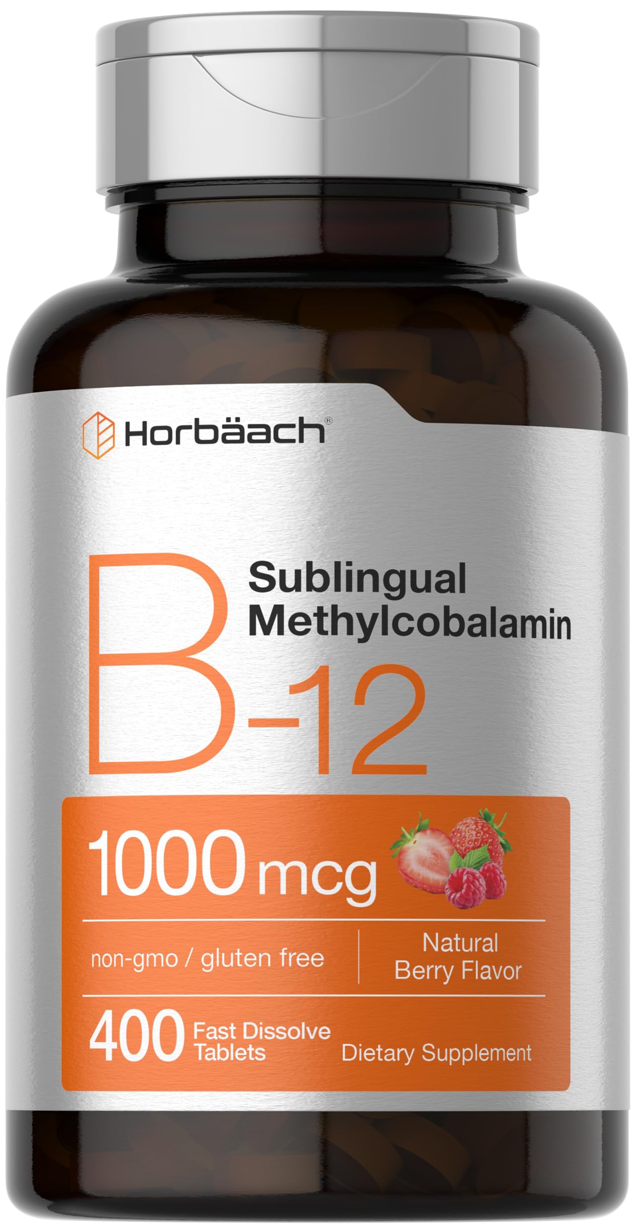 Horbaach Vitamin B12 1000 mcg sublingual berry tablets bottle close-up for quick absorption