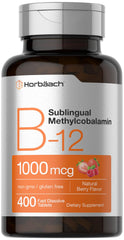 Horbaach Vitamin B12 1000 mcg sublingual berry tablets bottle close-up for quick absorption