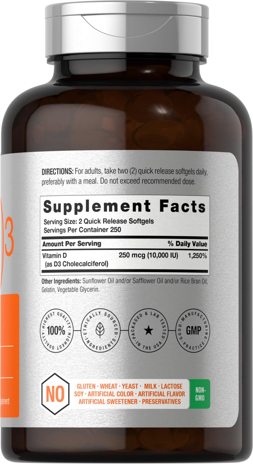 Horbäach Vitamin D3 bottle label highlights 10,000 IU per serving for easy dosing
