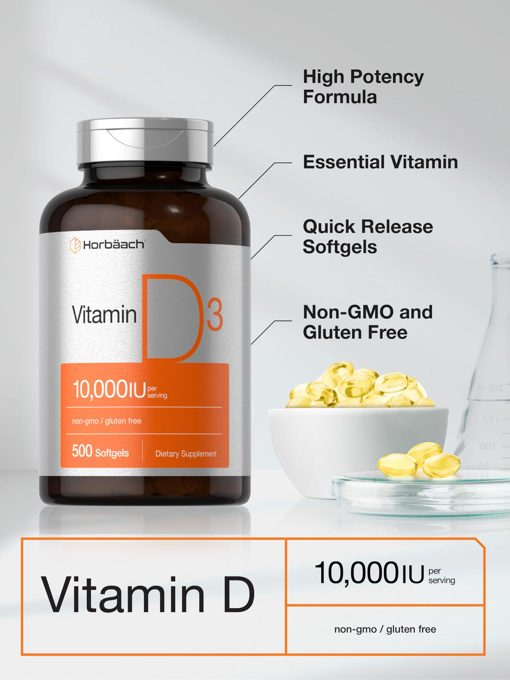 Horbäach Vitamin D3 bottle with glass shows convenient daily use