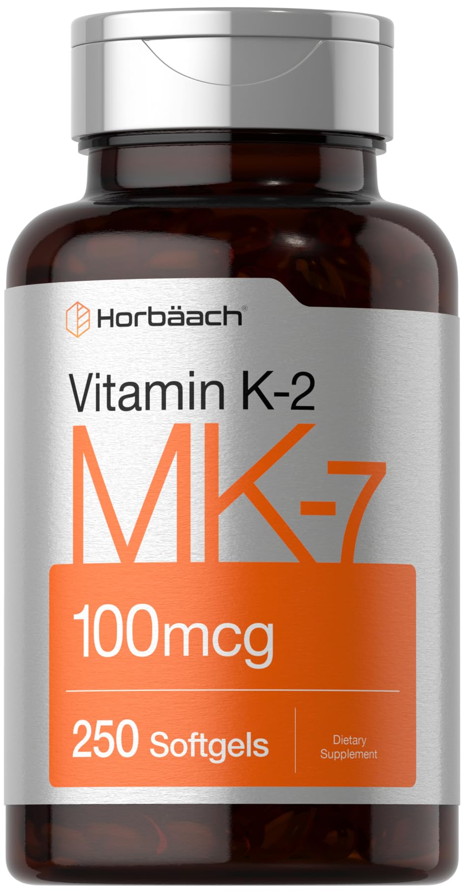 Horbäach Vitamin K2 MK7 100mcg softgels bottle for daily supplement use