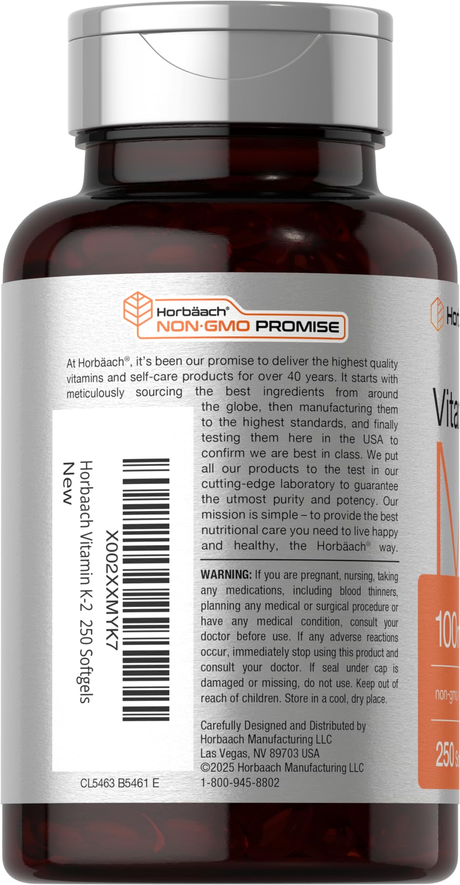 Horbäach Vitamin K2 MK7 bottle label close-up showing purity
