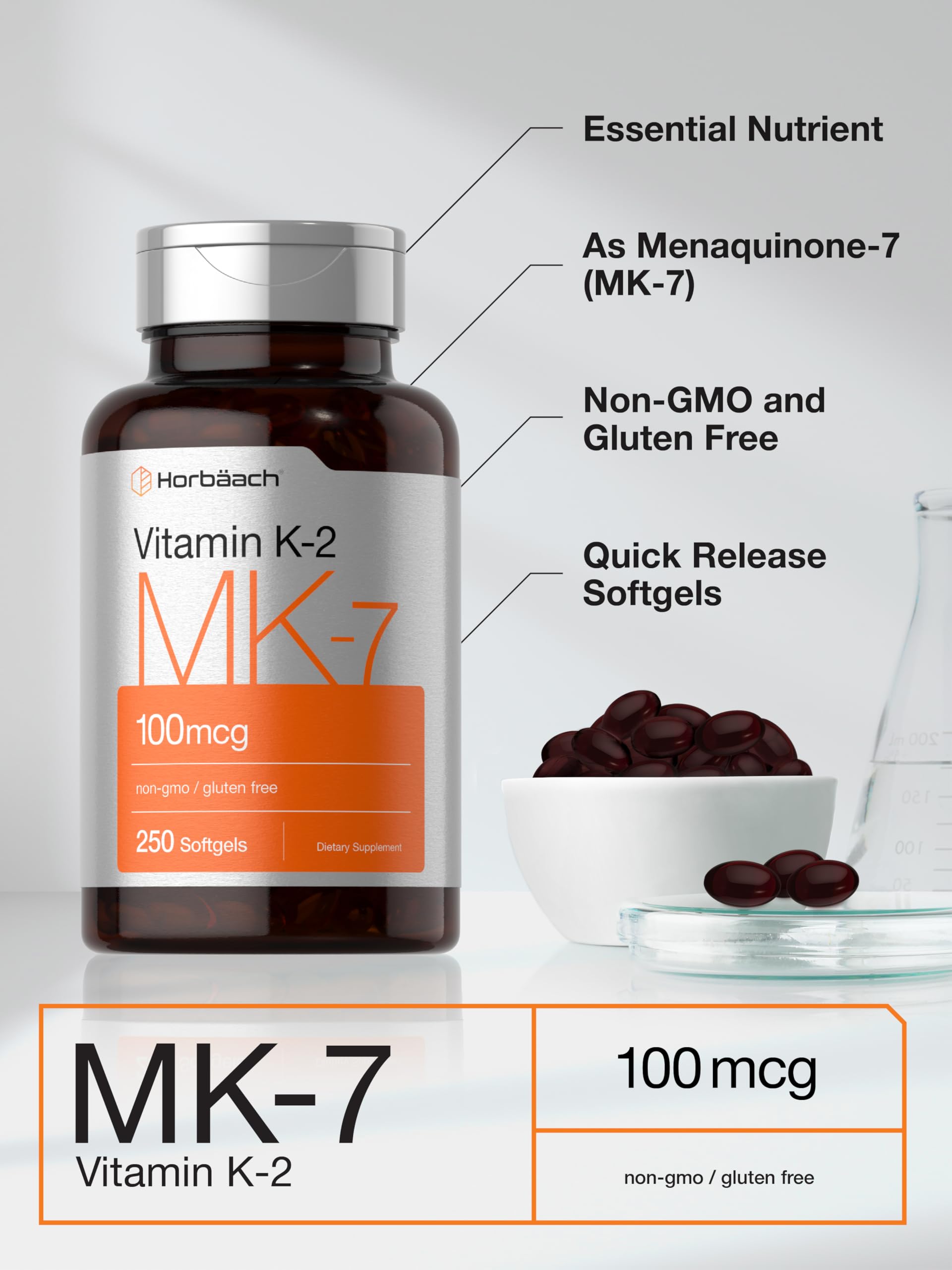 Horbäach Vitamin K2 MK7 packaging front showcasing gluten-free and non-GMO