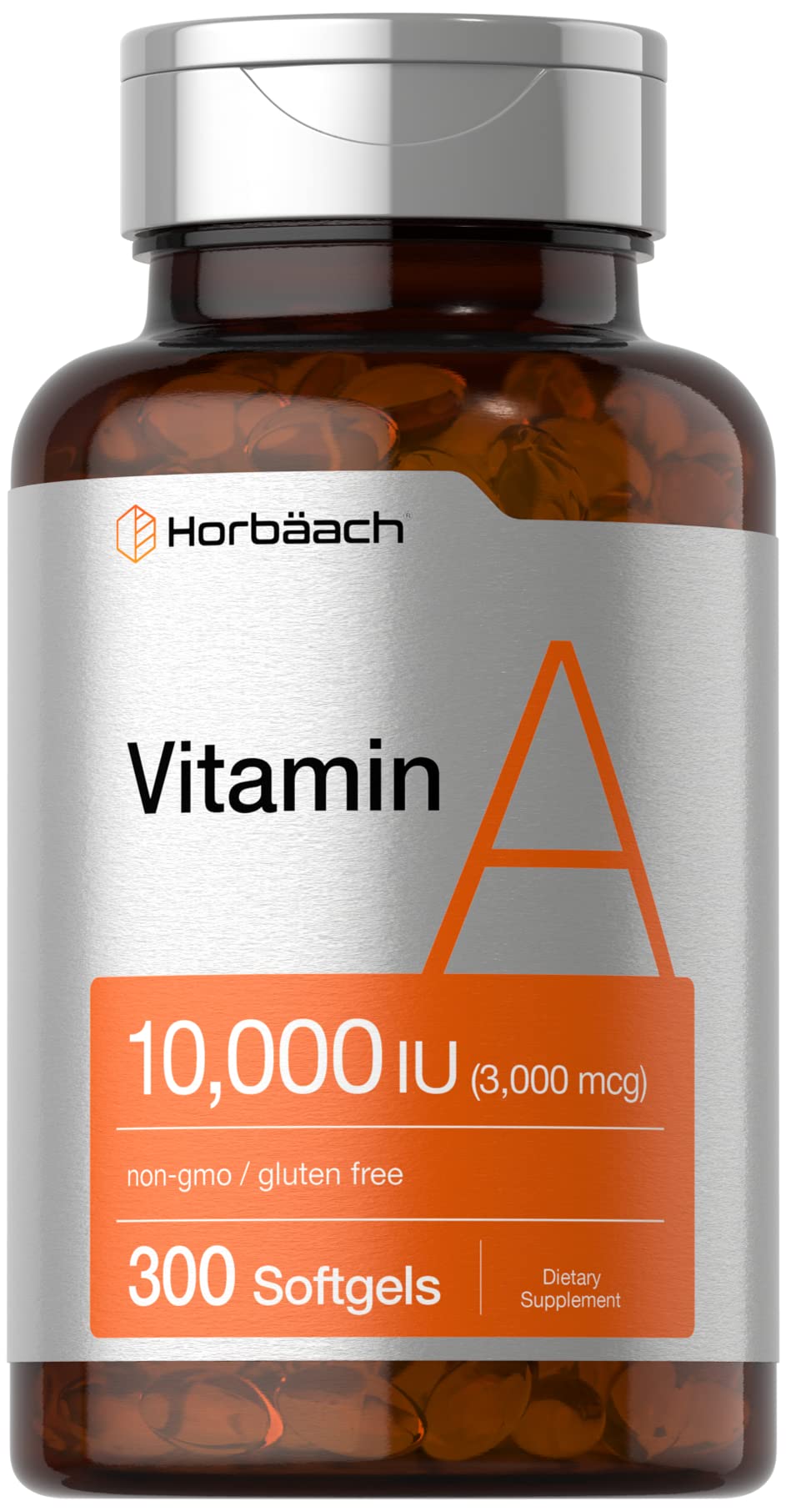 Horbaach Vitamina A 10000 UI en botella con cápsulas para piel y vista.