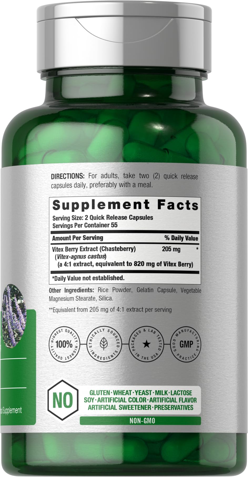 Bottle of Horbäach Vitex Berry 820mg on shelf, non-GMO and gluten-free
