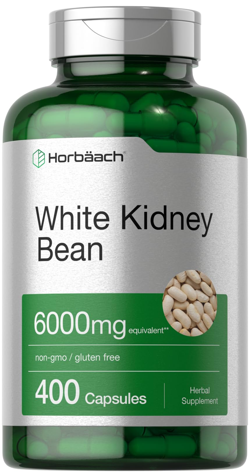 Horbäach White Kidney Bean Extract bottle highlighting gluten-free formula.