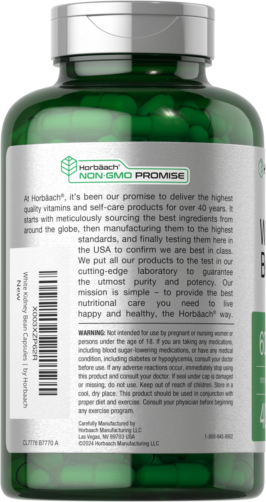 Horbäach White Kidney Bean Extract label showing non-GMO and gluten-free claims.