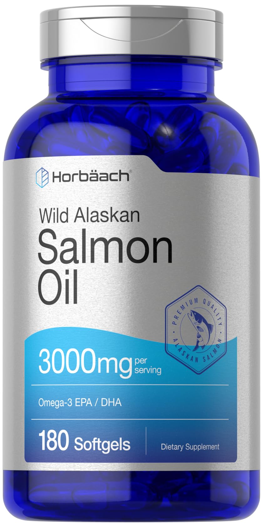 Horbaach Wild Alaskan Salmon Oil softgel bottle for daily omega-3 intake.