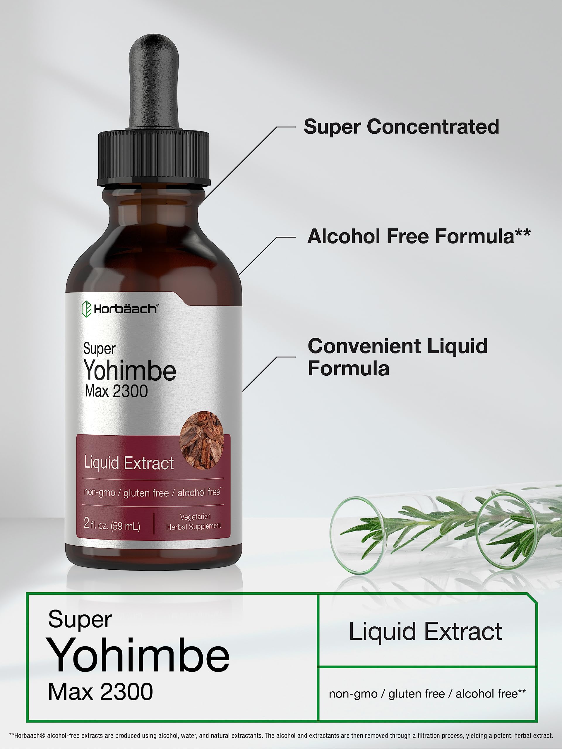 Horbäach Yohimbe Bark Liquid Extract label highlighting gluten-free formula